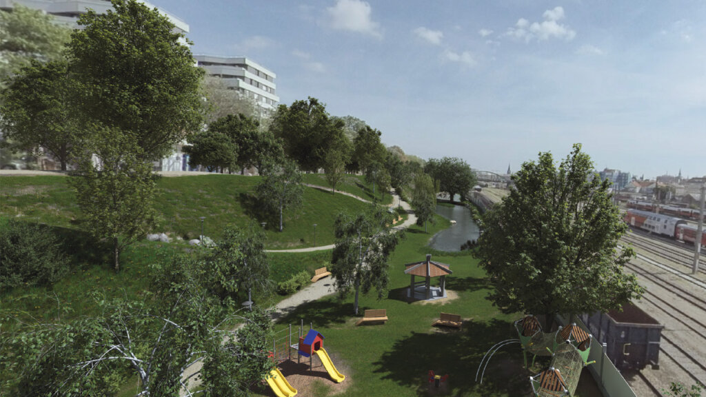 Rendering von Blickwinkel 2040 in Zusammenarbeit mit der Initiative Westbahnpark, wie ein Park, der Westbahnpark, aussehen könnte.