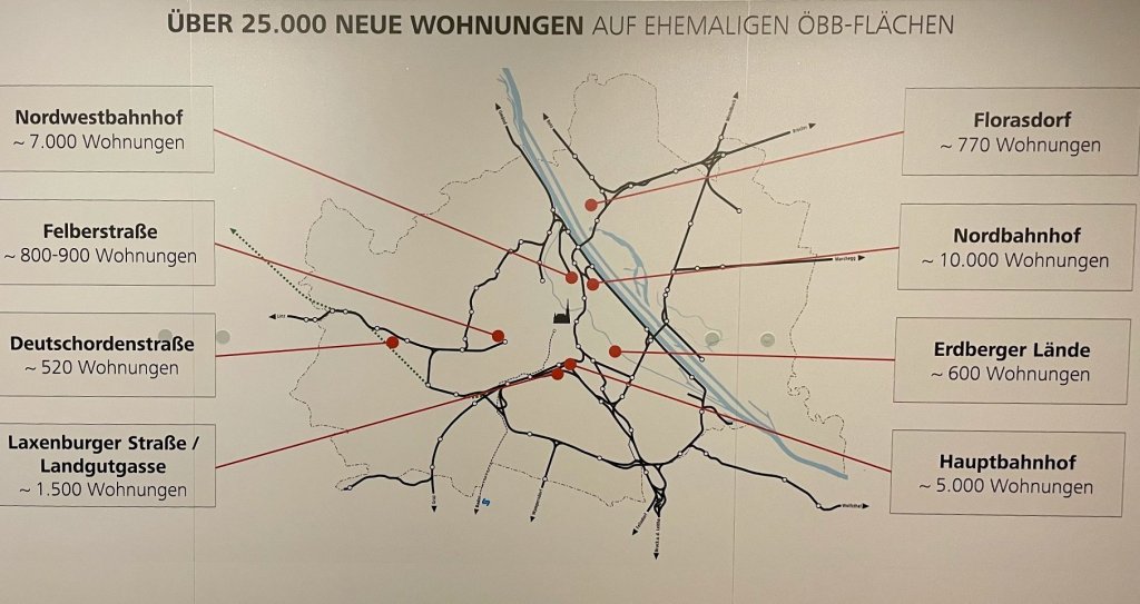 Übersichtskarte von Wien in der alle geplanten Wohnbauprojekte der ÖBB eingezeichnet sind.
