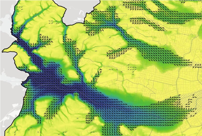 Karte vom Westen Wiens in der die Kaltluftschneisen aus dem Wienerwald in die Stadt hinein eingezeichnet sind.