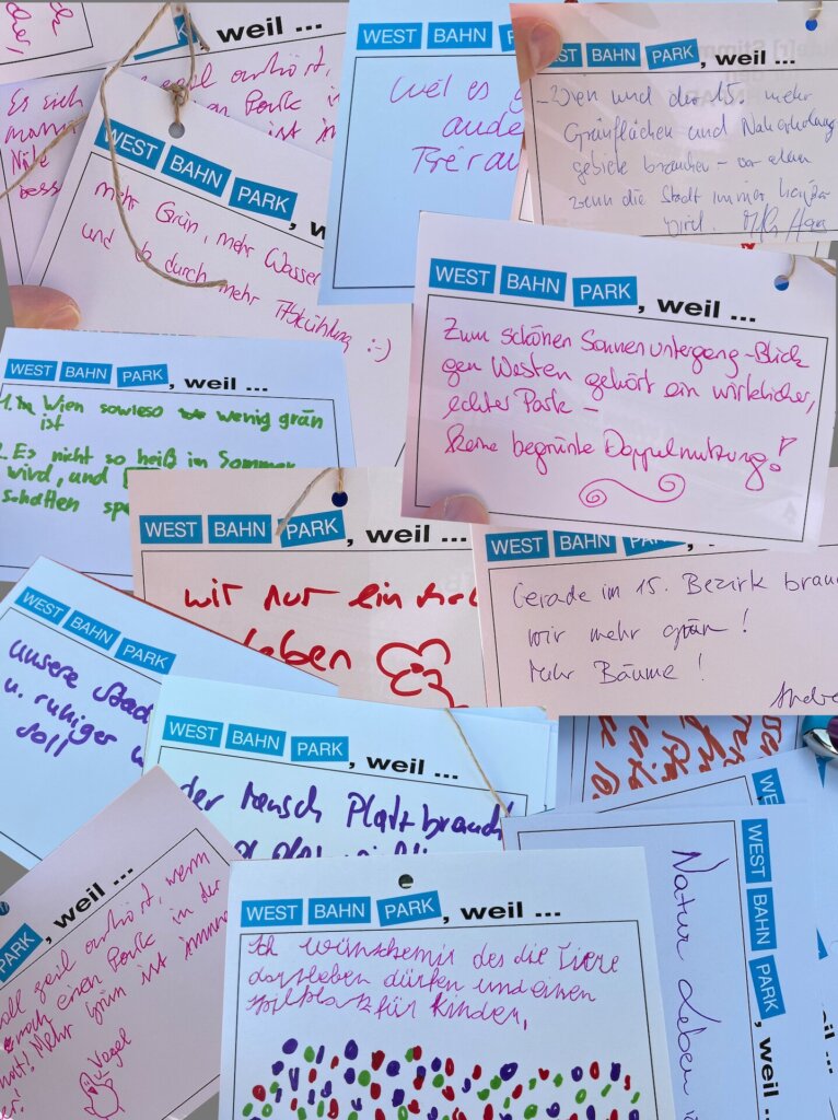 Collage aus handschriftlichen Begründungen für den Westbahnpark.