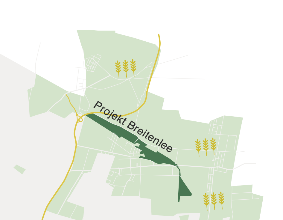 Schematische Übersichtskarte vom Projekt Breitenlee- ein längliches Gebiet nicht unähnlich dem Areal am Westbahnhof