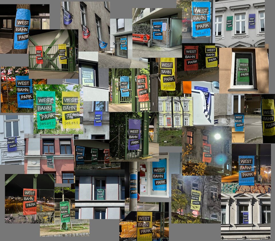 Collage von "WESTBAHNPARK jetzt!" Fahnen