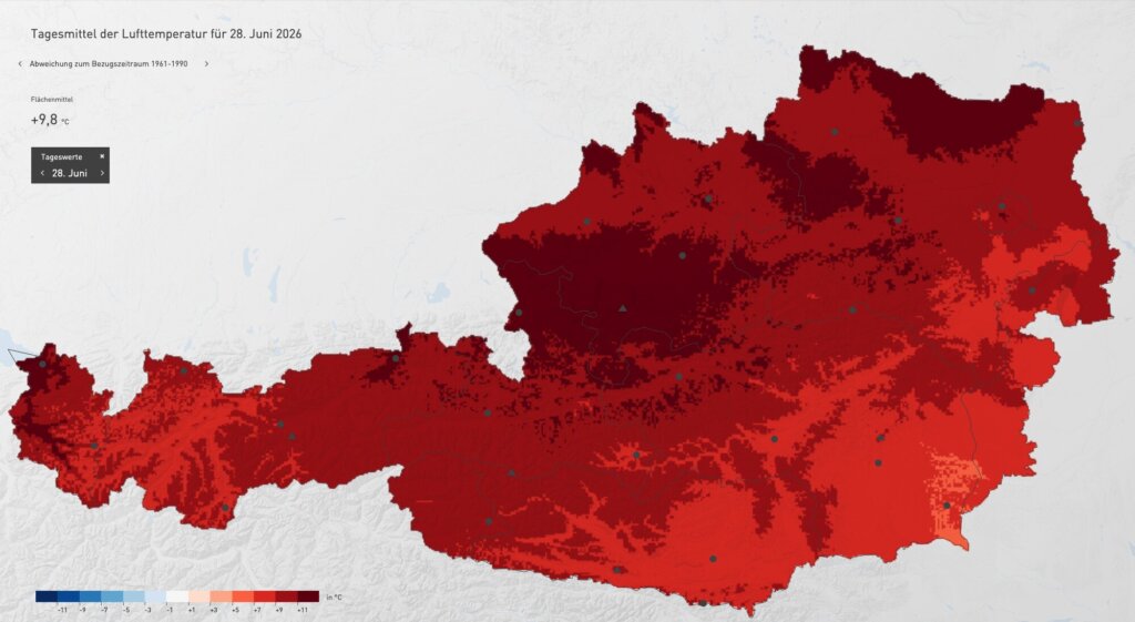 Österreich-Karte farblich markiert nach Temperatur